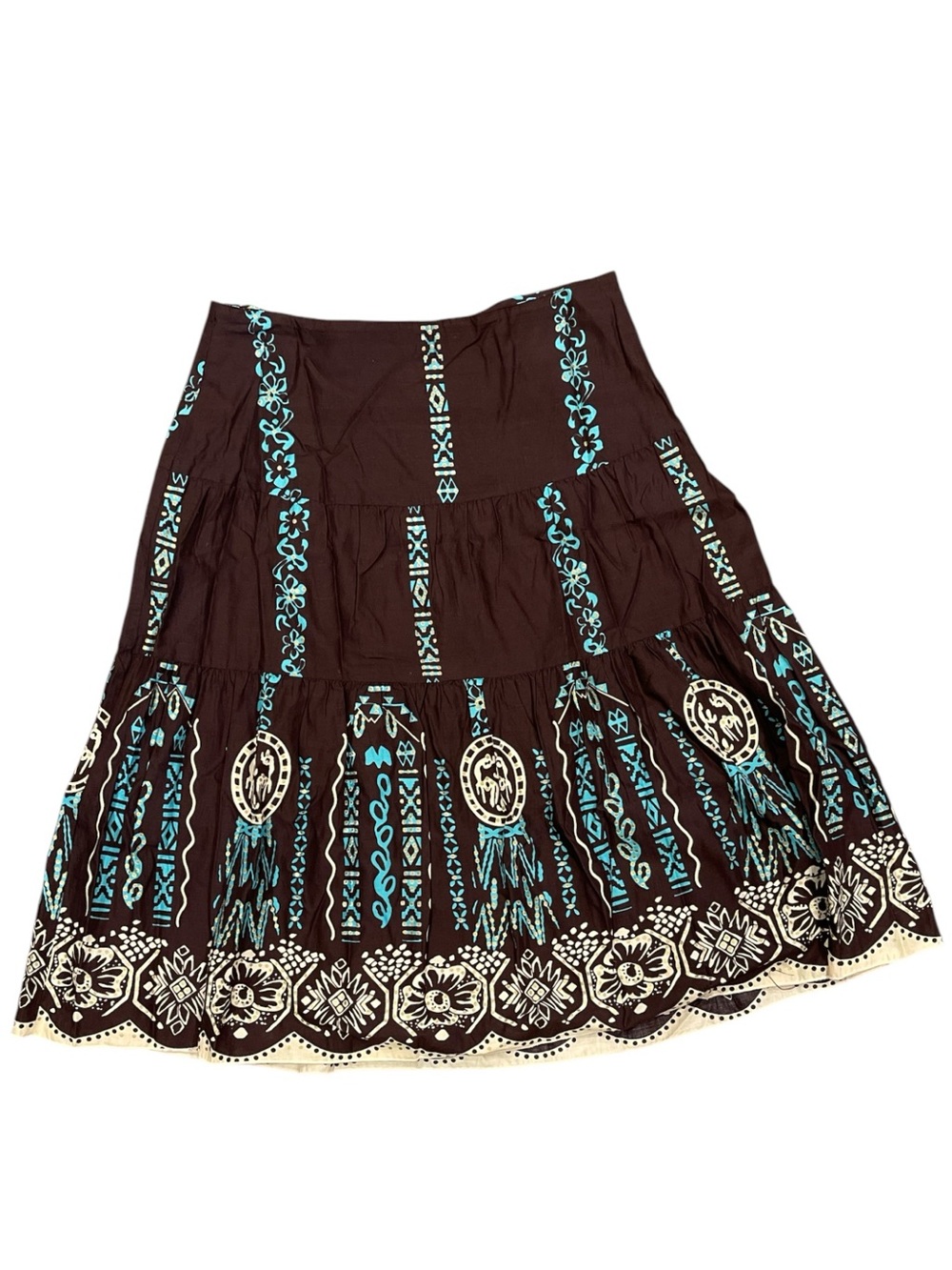 Whimsigoth Prairie Midi Skirt Brown Turquoise Boho Festival Cottagecore S/